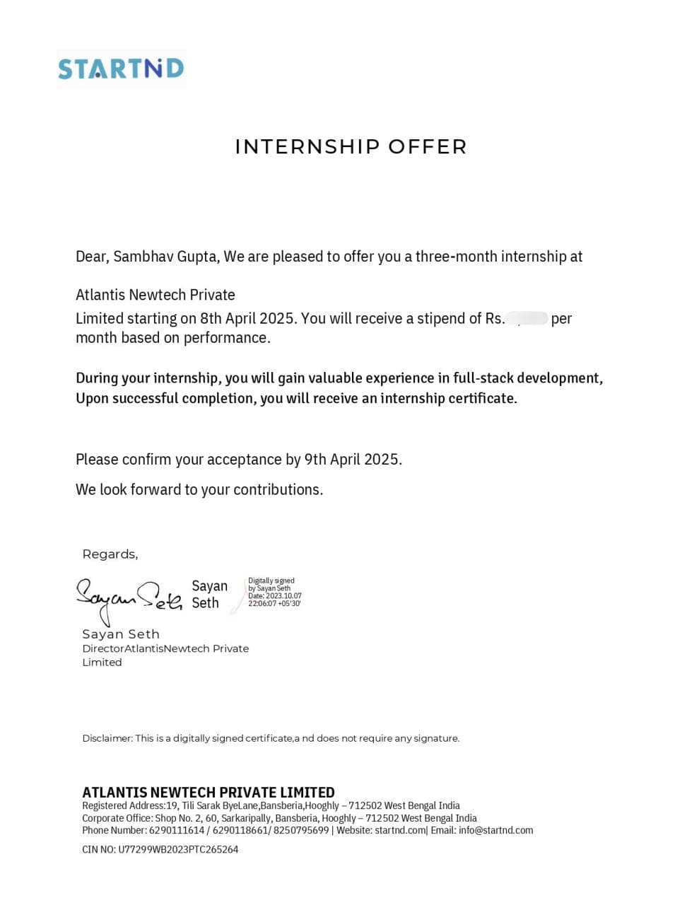 Offer Letter - Atlantis Newtech